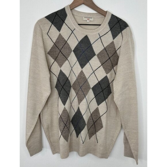 Dockers Sweater Men Tan Brown Long Sleeve Argyle Pattern Large? - Picture 1 of 8